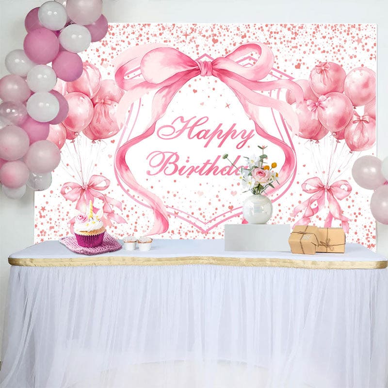 Aperturee - Aperturee Fairy Pink Balloons Bow Dots Happy Birthday Backdrop