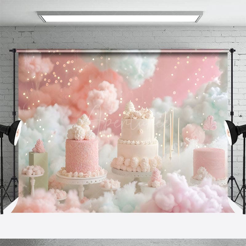 Aperturee - Aperturee Fairy Pink White Clouds Lighted Cake Smash Backdrop