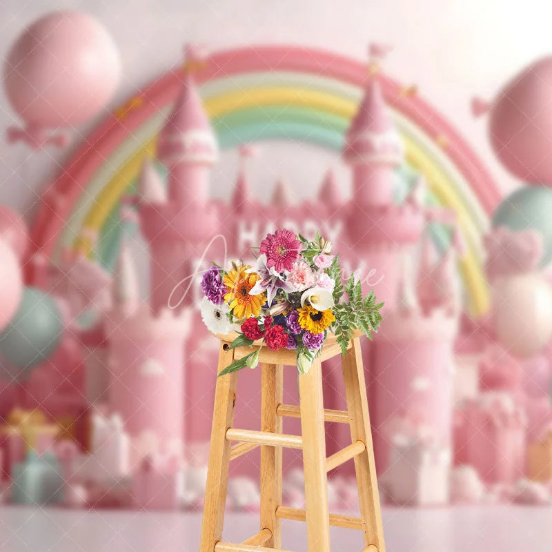 Aperturee - Aperturee Fairy Rainbow Pink Castle Gifts Cake Smash Backdrop