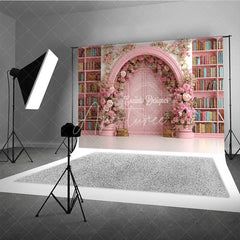 Aperturee - Aperturee Fairy Tale Library Backdrop Pink Bookshelf Arch Door Rose Floral Wedding Photography Background Props