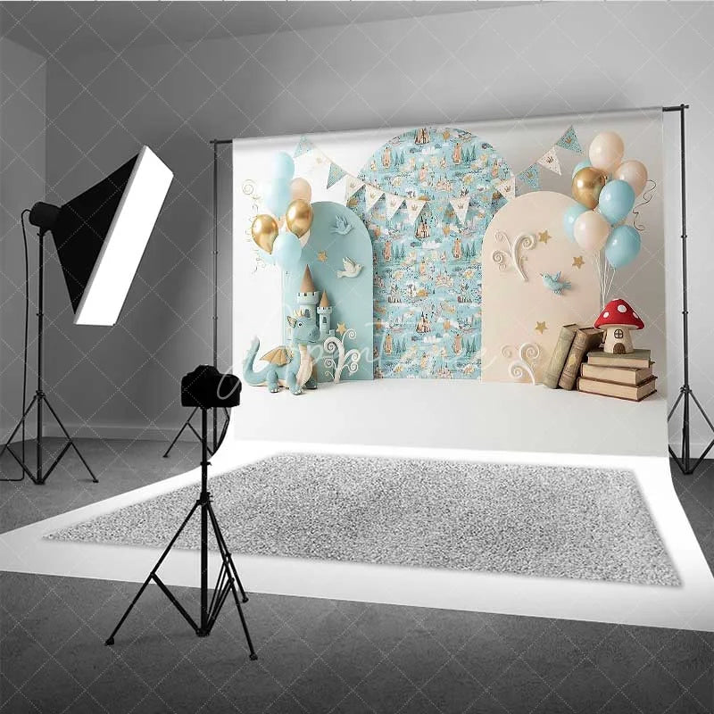 Aperturee - Aperturee Fairytale Castle and Dragon Photography Backdrop Knight Adventure Party Banner