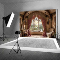 Aperturee - Aperturee Fairytale Castle View Photography Backdrop with Arched Window Elegant Pink Curtains and Ornate Room Decor