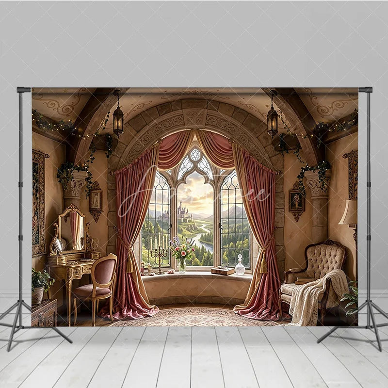 Aperturee - Aperturee Fairytale Castle View Photography Backdrop with Arched Window Elegant Pink Curtains and Ornate Room Decor
