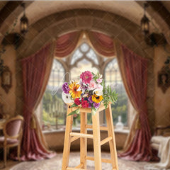Aperturee - Aperturee Fairytale Castle View Photography Backdrop with Arched Window Elegant Pink Curtains and Ornate Room Decor