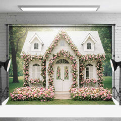Aperturee Aperturee Fairytale Cottage House Photography Backdrop White Home Covered in Pink Roses Enchanted Garden Wedding Photo Prop