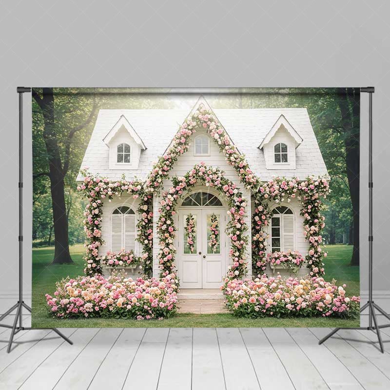 Aperturee Aperturee Fairytale Cottage House Photography Backdrop White Home Covered in Pink Roses Enchanted Garden Wedding Photo Prop