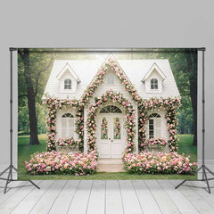 Aperturee Aperturee Fairytale Cottage House Photography Backdrop White Home Covered in Pink Roses Enchanted Garden Wedding Photo Prop