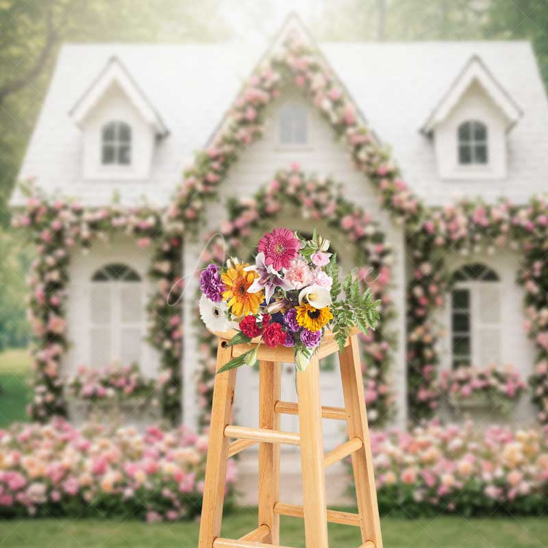 Aperturee Aperturee Fairytale Cottage House Photography Backdrop White Home Covered in Pink Roses Enchanted Garden Wedding Photo Prop