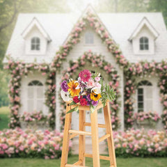 Aperturee Aperturee Fairytale Cottage House Photography Backdrop White Home Covered in Pink Roses Enchanted Garden Wedding Photo Prop