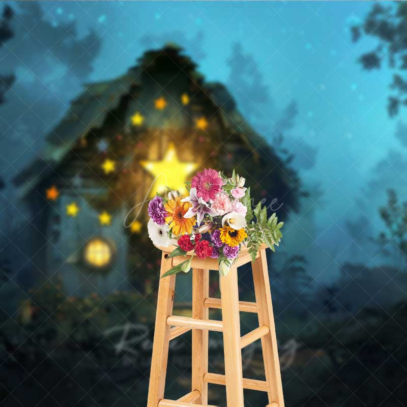 Aperturee Aperturee Fairytale Forest Cabin Photography Backdrop Whimsical Cottage with Glowing Stars Enchanted Woods at Night Prop