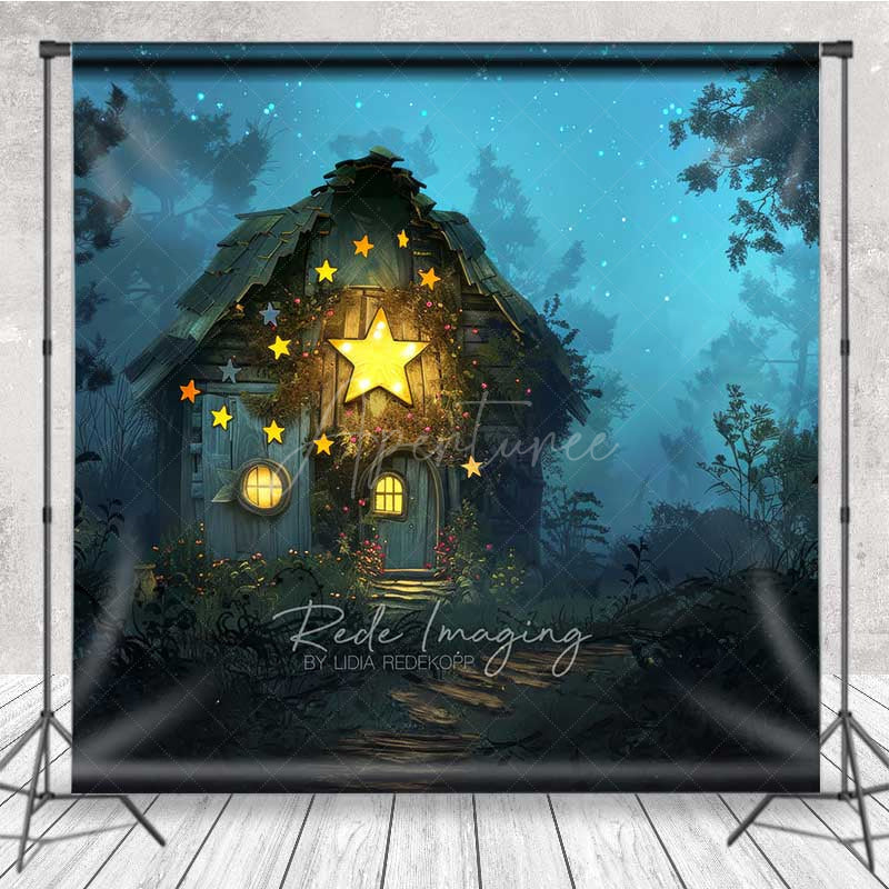 Aperturee Aperturee Fairytale Forest Cabin Photography Backdrop Whimsical Cottage with Glowing Stars Enchanted Woods at Night Prop