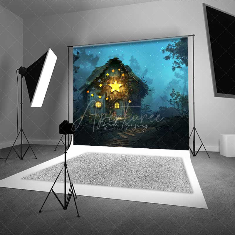Aperturee Aperturee Fairytale Forest Cabin Photography Backdrop Whimsical Cottage with Glowing Stars Enchanted Woods at Night Prop