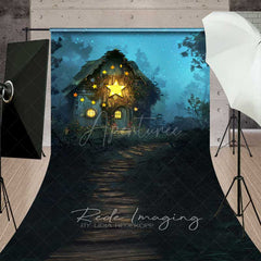 Aperturee Aperturee Fairytale Forest Cabin Sweep Photography Backdrop with Path Whimsical Cottage with Stars Enchanted Woods Night Prop