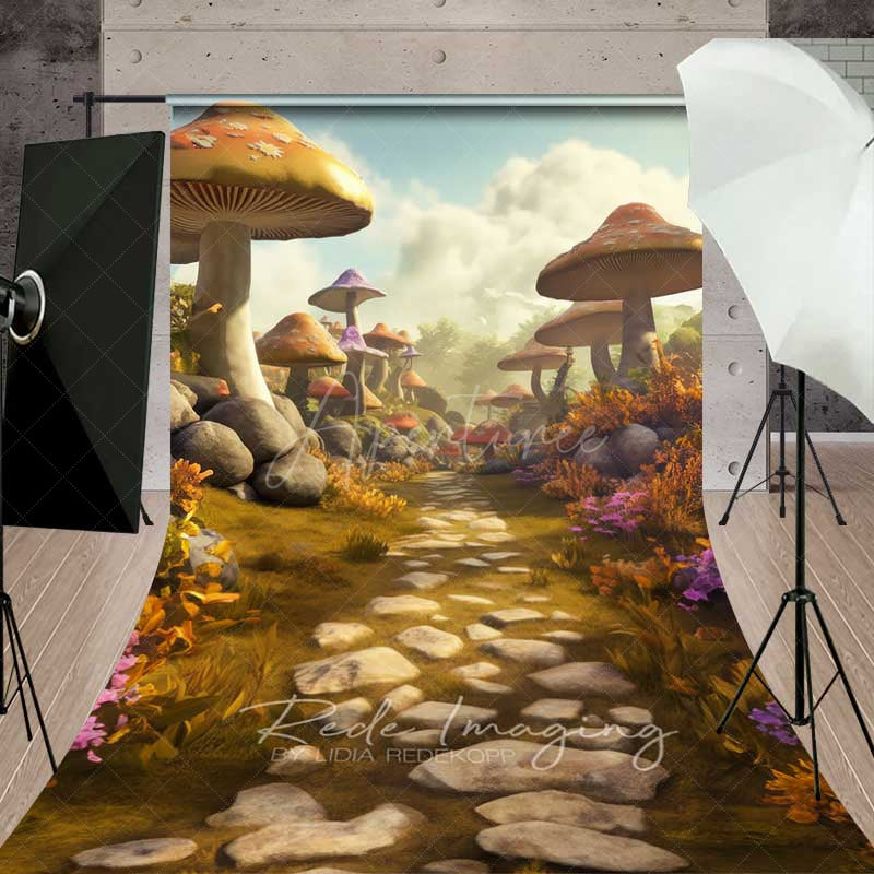 Aperturee Aperturee Fairytale Mushroom Forest Cake Smash Sweep Backdrop Whimsical Fungi Path and Scenery Enchanted Garden Photo Prop