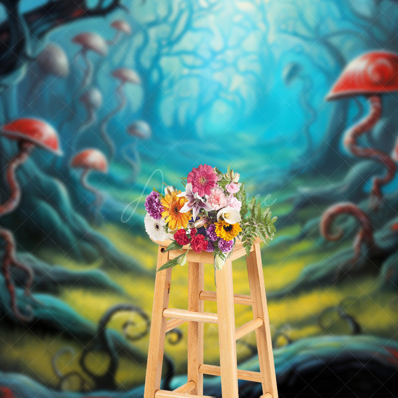 Aperturee Aperturee Fairytale Mushroom Forest Photography Backdrop Whimsical Red Fungi and Twisted Trees Enchanted Woods Scenery