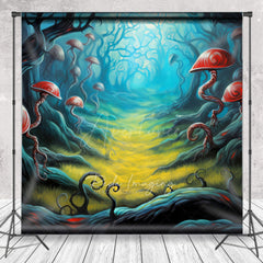 Aperturee Aperturee Fairytale Mushroom Forest Photography Backdrop Whimsical Red Fungi and Twisted Trees Enchanted Woods Scenery