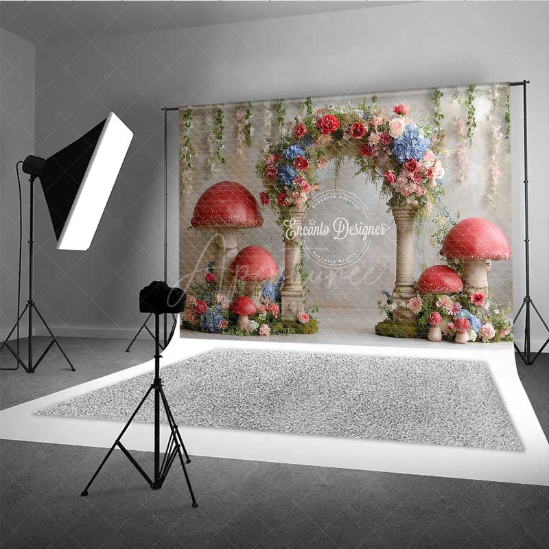 Aperturee - Aperturee Fairytale Mushroom Wedding Arch Backdrop Enchanted Forest with Flowers Whimsical Garden Ceremony Photo Prop