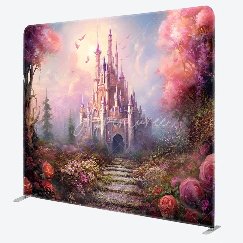 Aperturee - Aperturee Fairytale Princess Castle Double-Sided Tension Fabric Backdrop Magical Pink Forest Dreamy Party Photo Booth