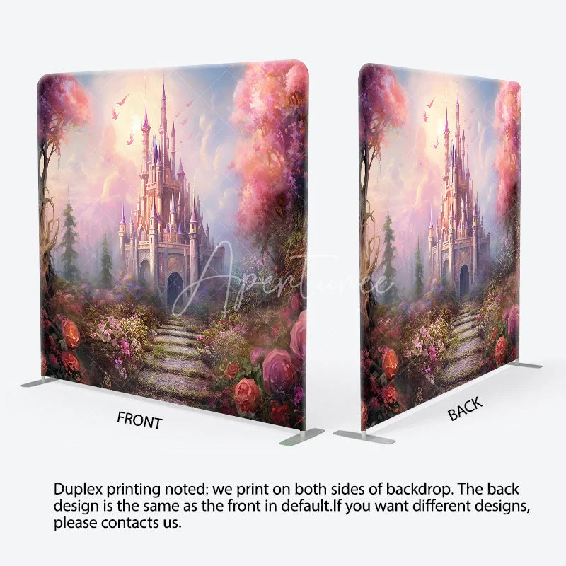 Aperturee - Aperturee Fairytale Princess Castle Double-Sided Tension Fabric Backdrop Magical Pink Forest Dreamy Party Photo Booth