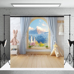 Aperturee Aperturee Fairytale Window Cake Smash Backdrop Kids Room with Castle View and Bunny Whimsical First Birthday Photo Prop