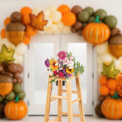 Aperturee - Aperturee Fall Balloon Arch Photography Backdrop White Door with Pumpkin and Acorn Balloons Modern Autumn Party Decor