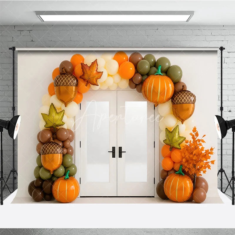 Aperturee - Aperturee Fall Balloon Arch Photography Backdrop White Door with Pumpkin and Acorn Balloons Modern Autumn Party Decor