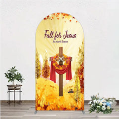 Aperturee - Aperturee Fall for Jesus Arch Backdrop for Christian Autumn Festival Cross with Pumpkins He Never Leaves Harvest Decor