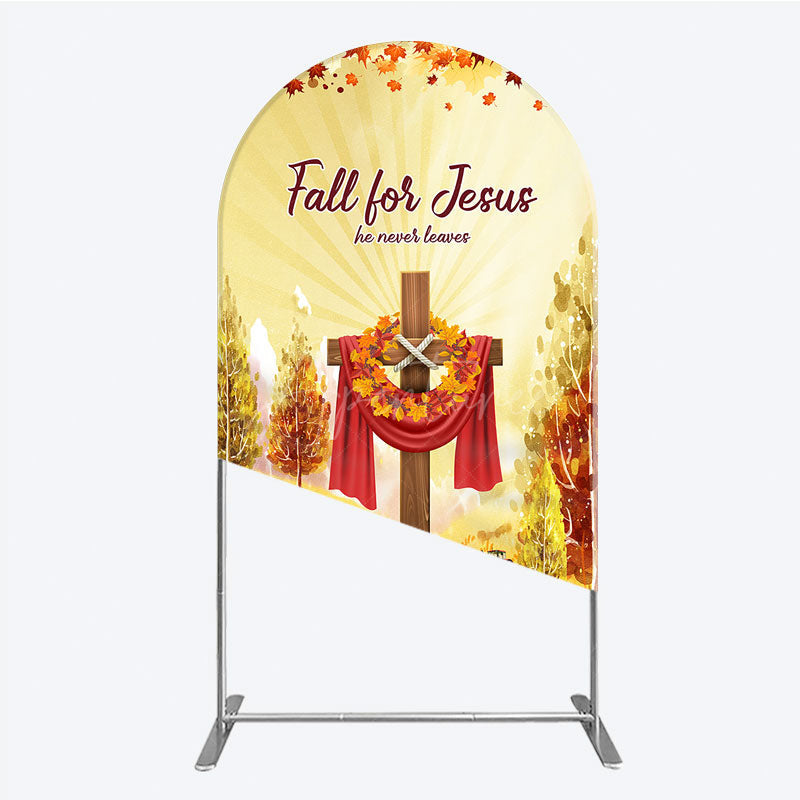 Aperturee - Aperturee Fall for Jesus Arch Backdrop for Christian Autumn Festival Cross with Pumpkins He Never Leaves Harvest Decor