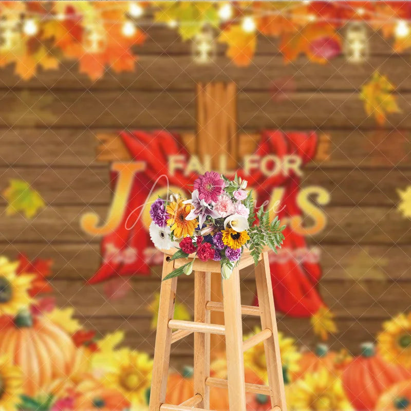 Aperturee - Aperturee Fall for Jesus Backdrop for Christian Thanksgiving Autumn Harvest with Cross He Never Leaves Party Decor