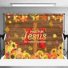 Aperturee - Aperturee Fall for Jesus Backdrop for Christian Thanksgiving Autumn Harvest with Cross He Never Leaves Party Decor