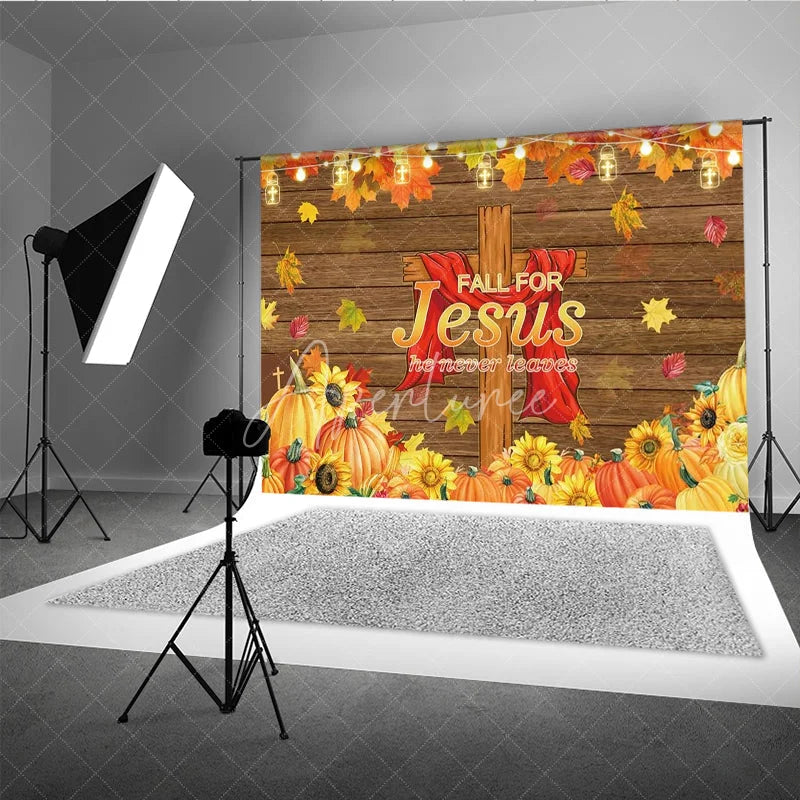 Aperturee - Aperturee Fall for Jesus Backdrop for Christian Thanksgiving Autumn Harvest with Cross He Never Leaves Party Decor