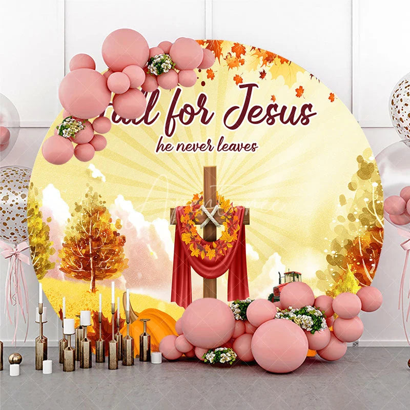 Aperturee - Aperturee Fall for Jesus Round Backdrop for Christian Autumn Festival Cross with Pumpkins He Never Leaves Harvest Decor