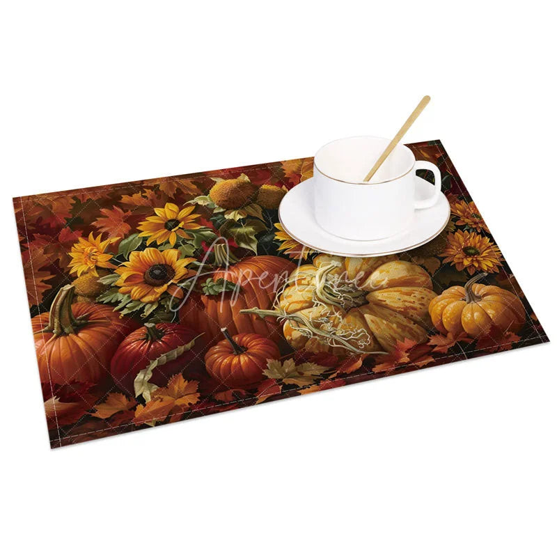 Aperturee - Aperturee Fall Maple Leaf Sunflower and Pumpkin Set of 4 Placemats for Autumn Harvest and Thanksgiving Decor