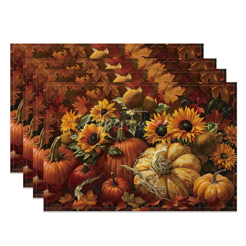 Aperturee - Aperturee Fall Maple Leaf Sunflower and Pumpkin Set of 4 Placemats for Autumn Harvest and Thanksgiving Decor