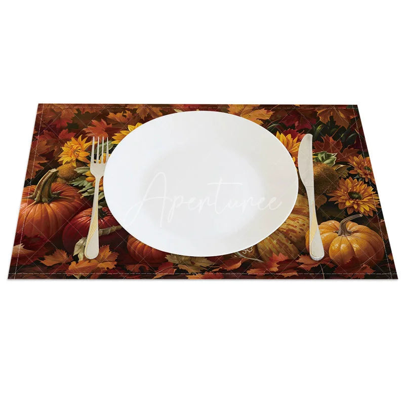 Aperturee - Aperturee Fall Maple Leaf Sunflower and Pumpkin Set of 4 Placemats for Autumn Harvest and Thanksgiving Decor