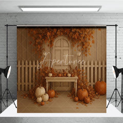 Aperturee - Aperturee Fall Pumpkin Patch Backdrop White Fence Rustic Door Maple Leaves Background Autumn Harvest Thanksgiving Party Prop