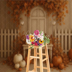 Aperturee - Aperturee Fall Pumpkin Patch Backdrop White Fence Rustic Door Maple Leaves Background Autumn Harvest Thanksgiving Party Prop