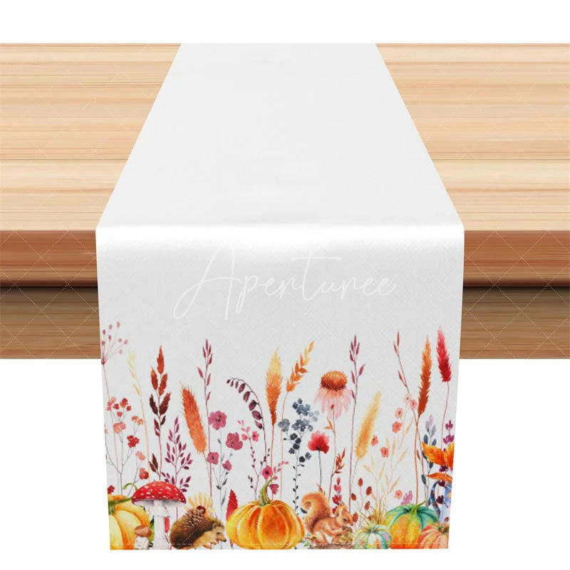 Aperturee - Aperturee Fall Table Runner White Runner with Watercolor Pumpkins Autumn Wildflowers Thanksgiving Table Decor