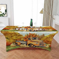 Aperturee - Aperturee Fall Thanksgiving Orange Truck Pumpkin Stretch Table Cover