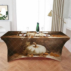 Aperturee - Aperturee Fall Thanksgiving White Pumpkin Elegant Stretch Table Cover