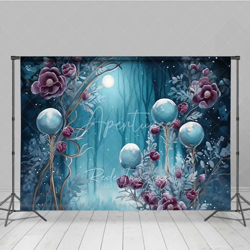 Aperturee - Aperturee Fantasy Blue Forest Photography Backdrop Glowing Magic Orb Mysterious Woods Photo Background Dreamy Moonlight Photo