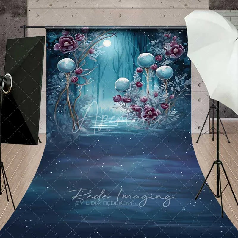 Aperturee - Aperturee Fantasy Blue Forest Sweep Photo Backdrop Glowing Magic Orb Woods Background Dreamy Moonlight Floor Prop