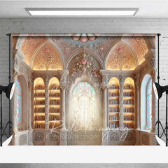 Aperturee - Aperturee Fantasy Castle Library Photography Backdrop Ornate Arch Stained Glass Window Background Magic School Photo Prop