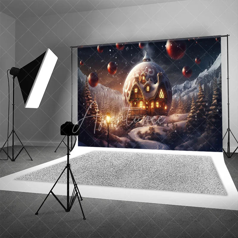 Aperturee - Aperturee Fantasy Christmas Backdrop Giant Ornament House in Snow Magical Winter Forest Holiday Photography Props