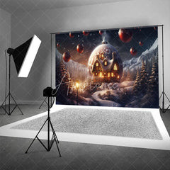 Aperturee - Aperturee Fantasy Christmas Backdrop Giant Ornament House in Snow Magical Winter Forest Holiday Photography Props