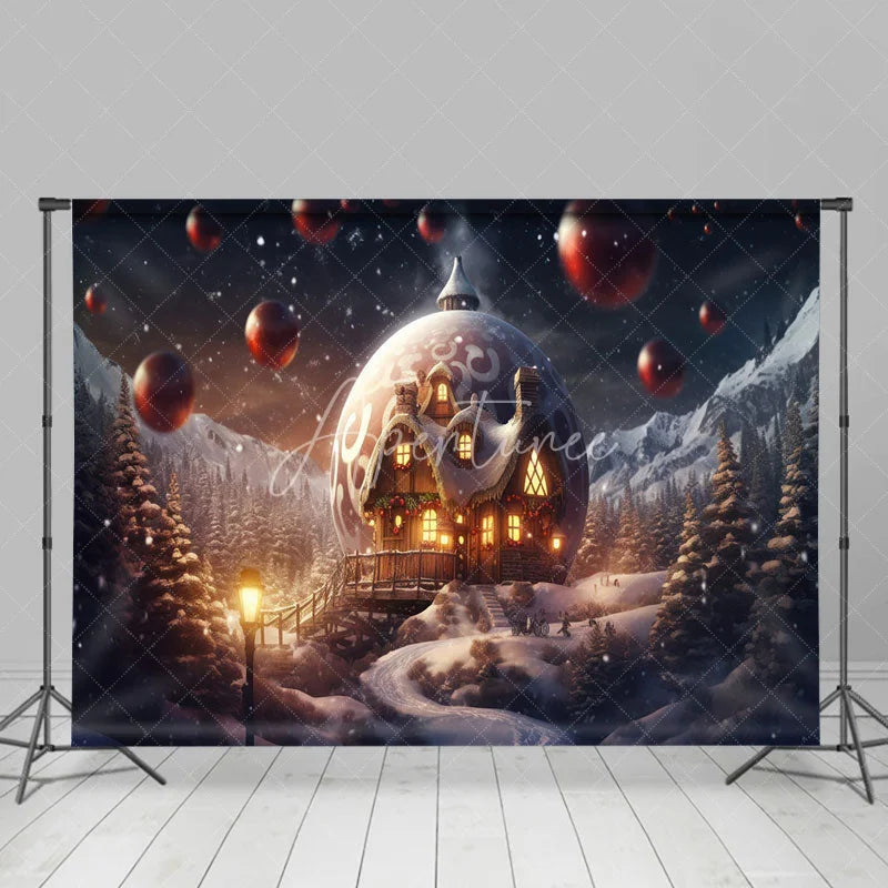 Aperturee - Aperturee Fantasy Christmas Backdrop Giant Ornament House in Snow Magical Winter Forest Holiday Photography Props