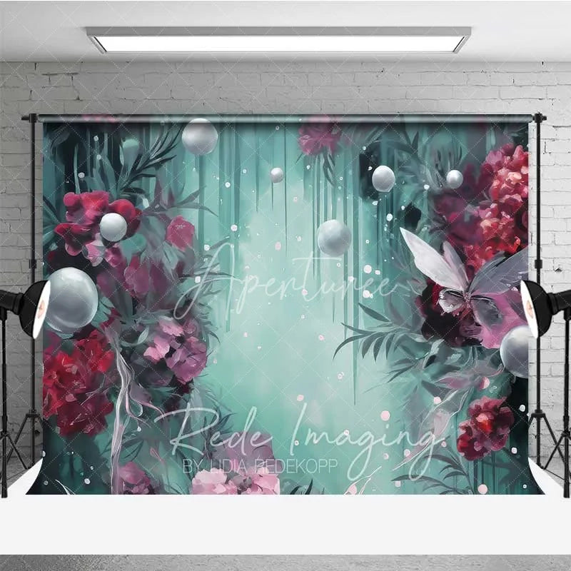 Aperturee - Aperturee Fantasy Floral Pearl Photography Backdrop Burgundy Flowers Teal Green Mist Background Dreamy Artistic Photo Prop