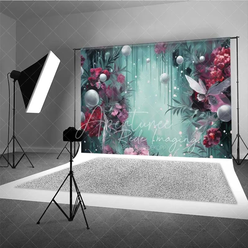 Aperturee - Aperturee Fantasy Floral Pearl Photography Backdrop Burgundy Flowers Teal Green Mist Background Dreamy Artistic Photo Prop