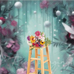 Aperturee - Aperturee Fantasy Floral Pearl Photography Backdrop Burgundy Flowers Teal Green Mist Background Dreamy Artistic Photo Prop