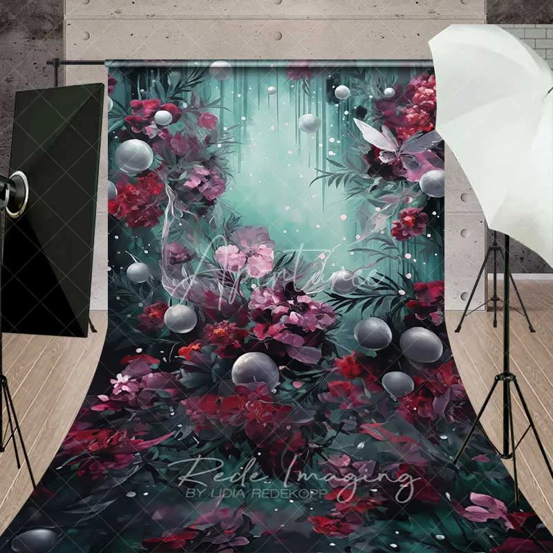 Aperturee - Aperturee Fantasy Floral Pearl Sweep Backdrop Burgundy Flowers Teal Mist Photography Floor Mat Artistic Dreamy Decoration
